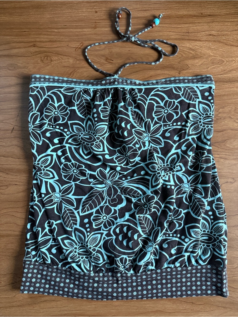 VINTAGE Y2K FANG Strapless Halter Top in Turquoise and Brown Floral